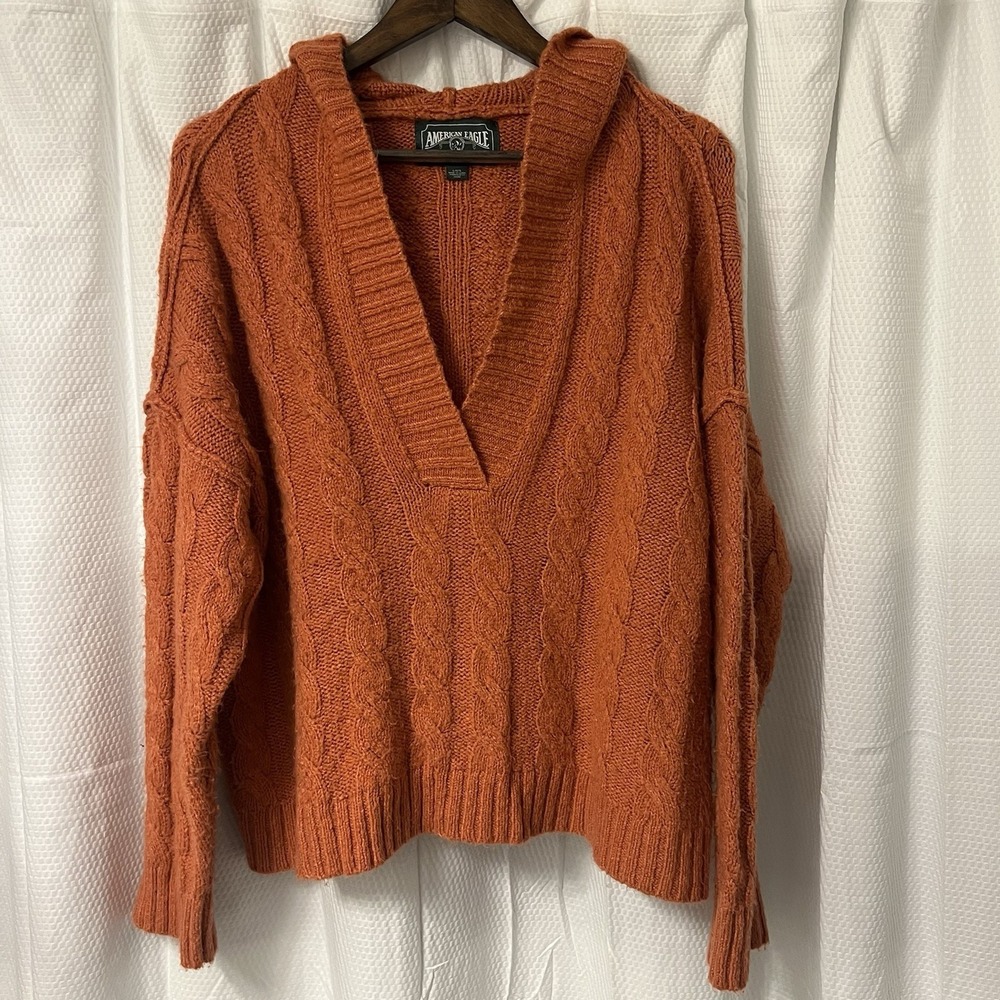 American Eagle Outfitters Oversized Y2K Orange Cable Knit Hoodie Sweater Women L